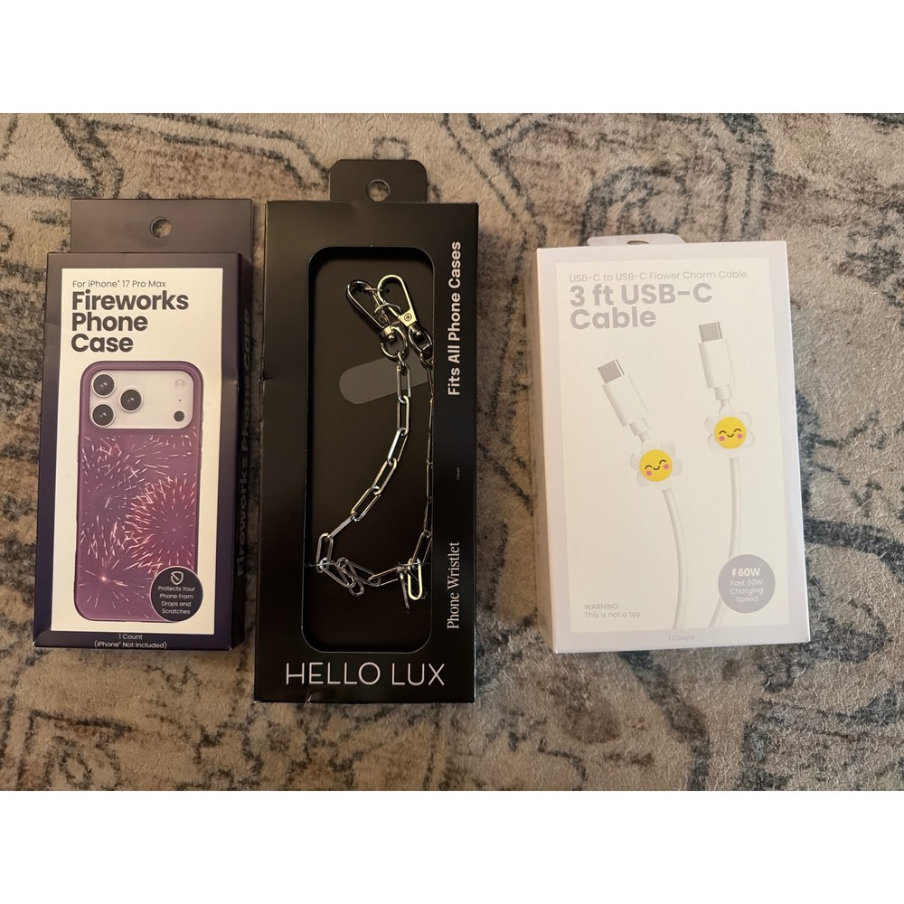 Hello Lux iPhone 13 Pro Max Case Fireworks Silver Wristlet & USB-C Flower Cable